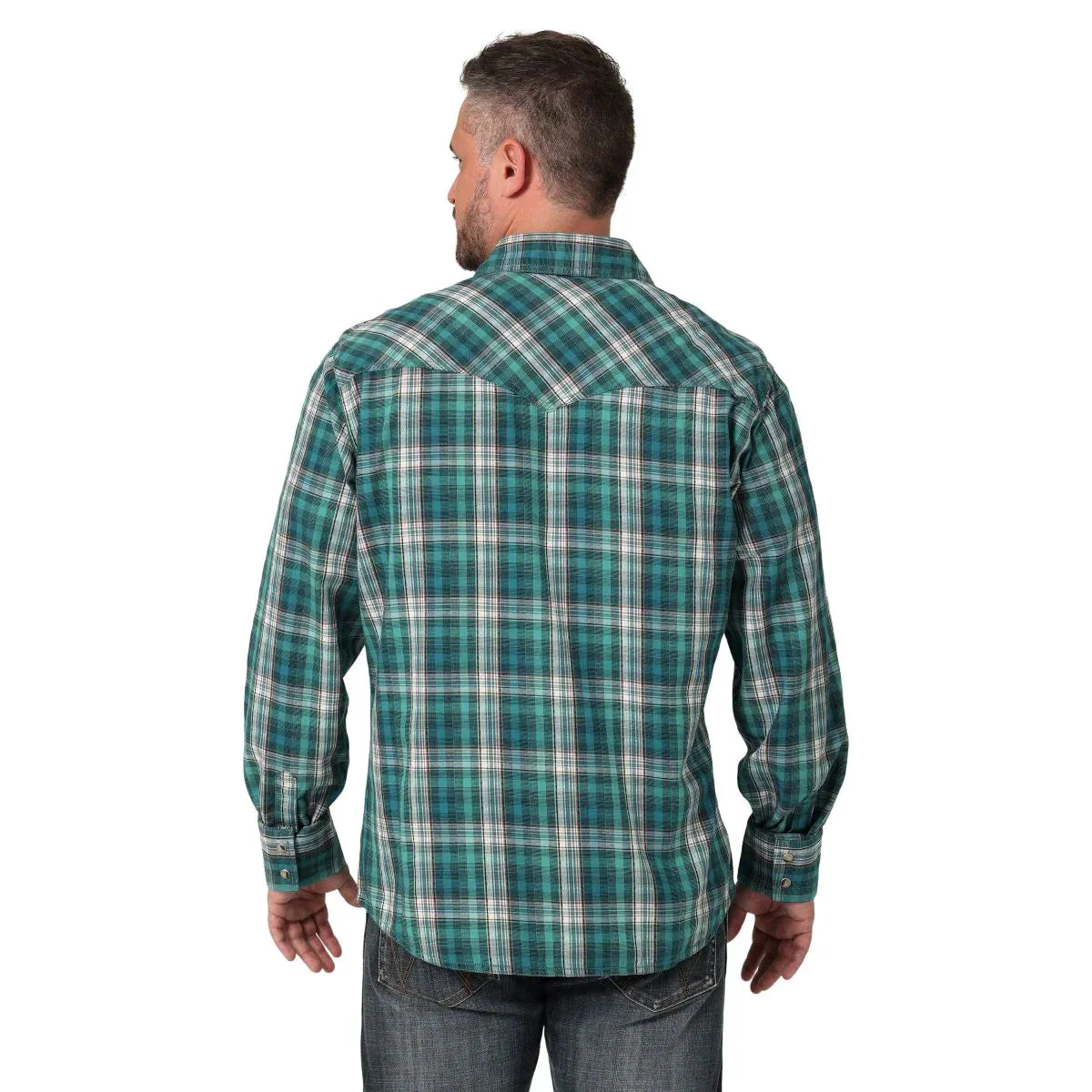 MEN'S WRANGLER RETRO® PREMIUM LONG SLEEVE WESTERN SNAP PLAID SHIRT IN GREEN DAZE