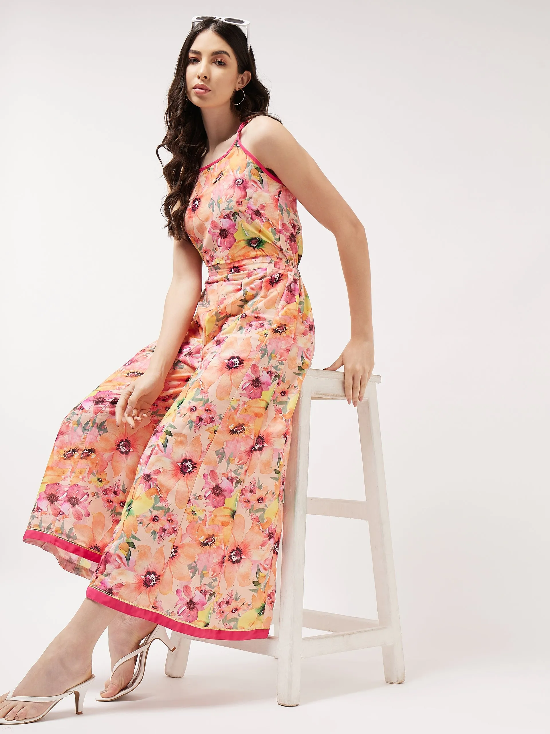 Painted Floral Look Digital Printed Sleeveless Jumpsuit