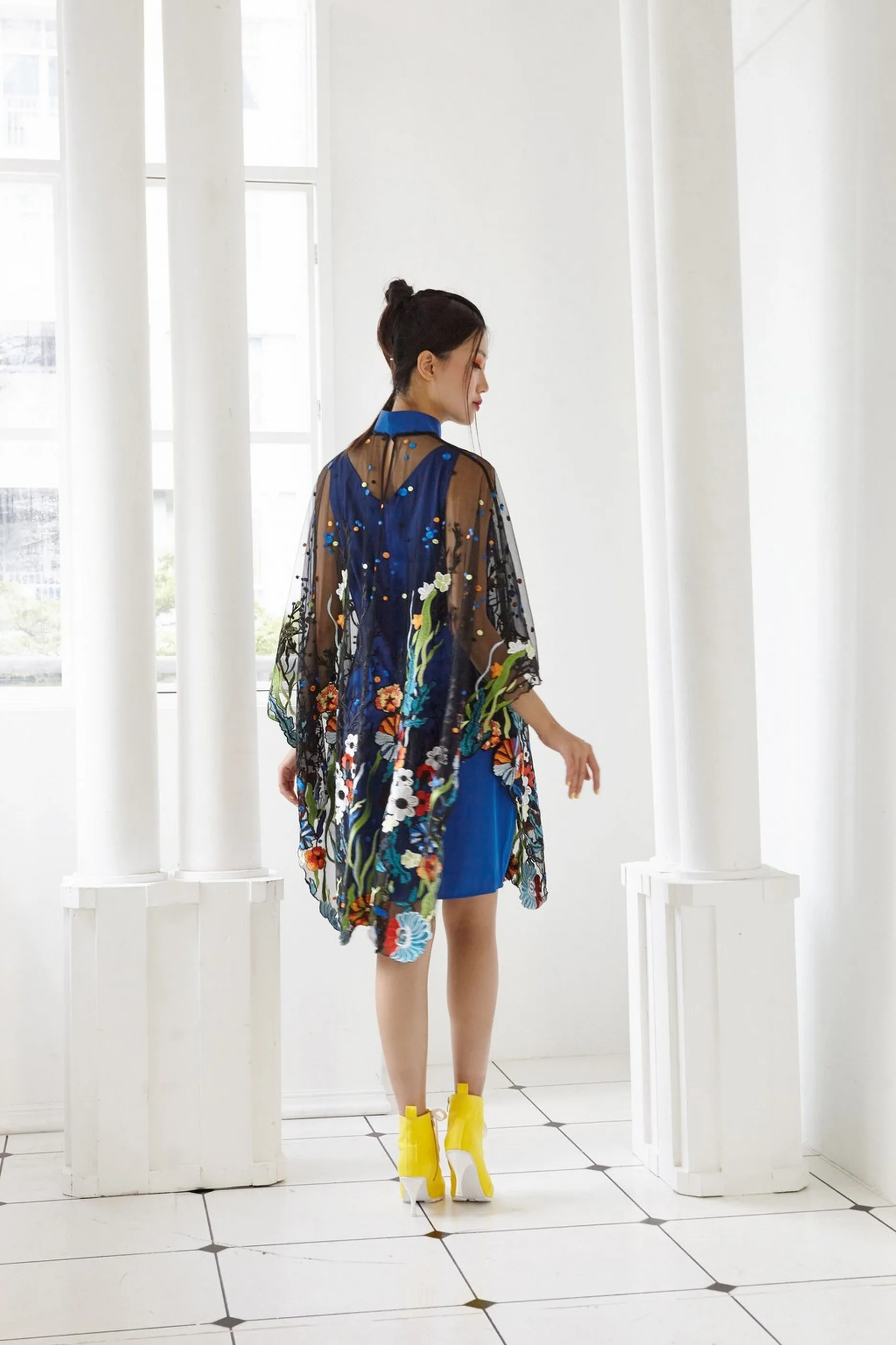 Pre-Order BLACK EMBROIDED TULLE WITH BLUE SATIN SILK - PONCHO WITH DETACHABLE MANDARIN COLLAR AND INNER BIAS DRESS - BLUE