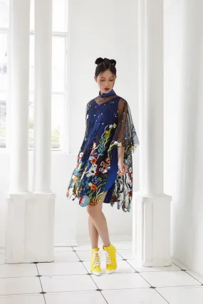 Pre-Order BLACK EMBROIDED TULLE WITH BLUE SATIN SILK - PONCHO WITH DETACHABLE MANDARIN COLLAR AND INNER BIAS DRESS - BLUE