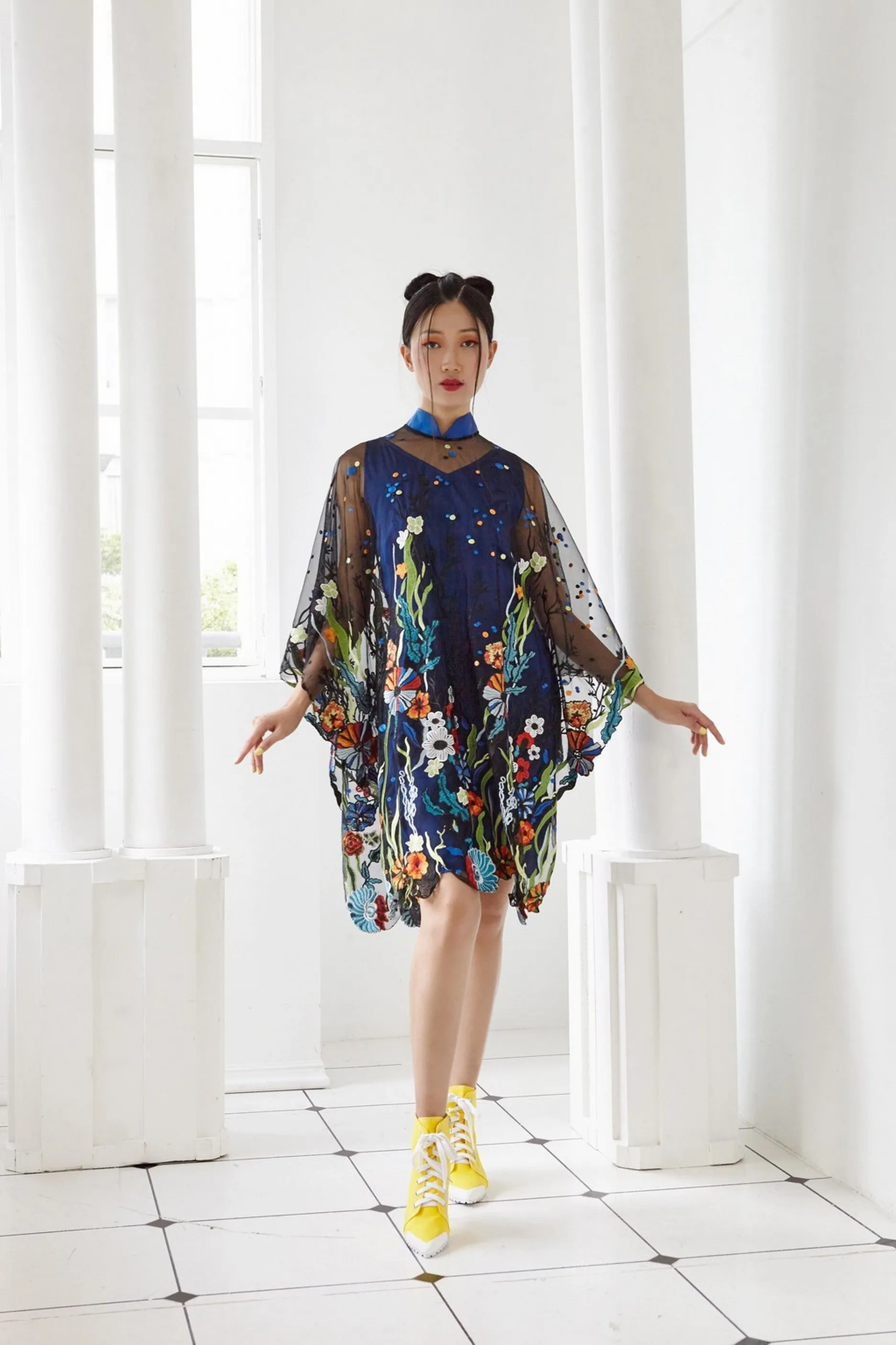 Pre-Order BLACK EMBROIDED TULLE WITH BLUE SATIN SILK - PONCHO WITH DETACHABLE MANDARIN COLLAR AND INNER BIAS DRESS - BLUE