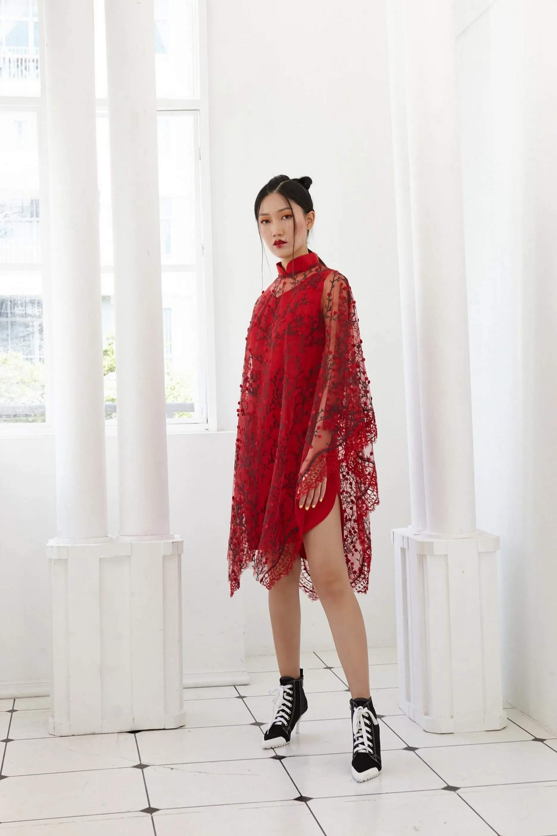 Pre-Order RED EMBROIDED TULLE WITH RED SATIN SILK - PONCHO WITH DETACHABLE MANDARIN COLLAR AND INNER BIAS DRESS - RED