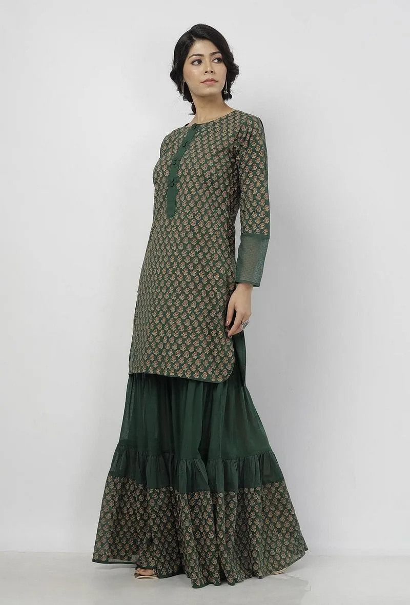 Set of 2: Irvin Bottle Green Floral Hand-Block Printed Cotton Short Kurta with Printed Sharara