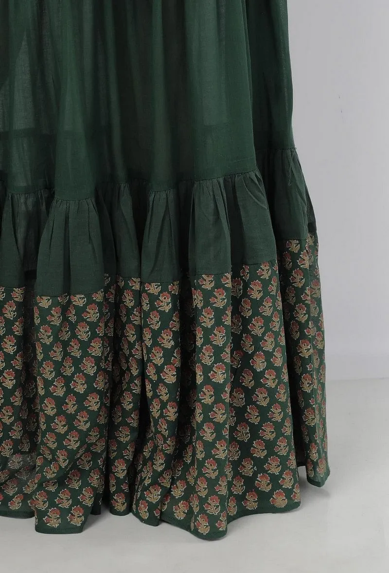 Set of 2: Irvin Bottle Green Floral Hand-Block Printed Cotton Short Kurta with Printed Sharara