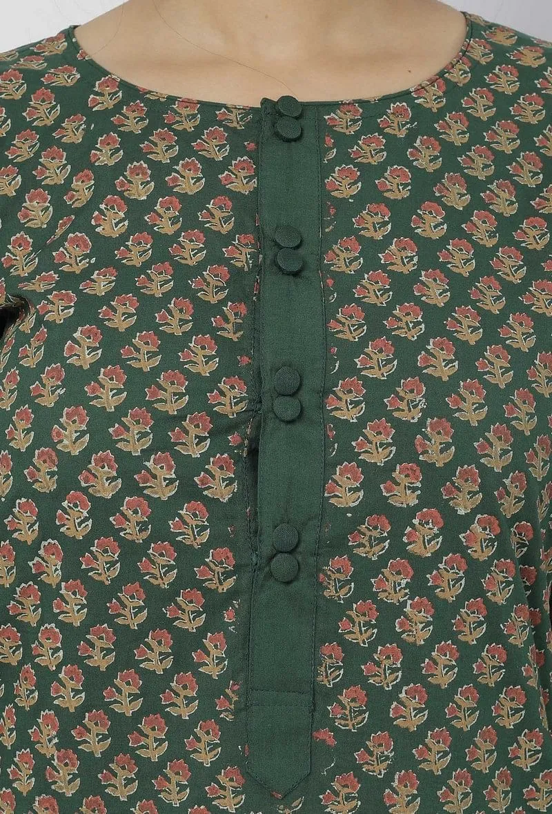 Set of 2: Irvin Bottle Green Floral Hand-Block Printed Cotton Short Kurta with Printed Sharara