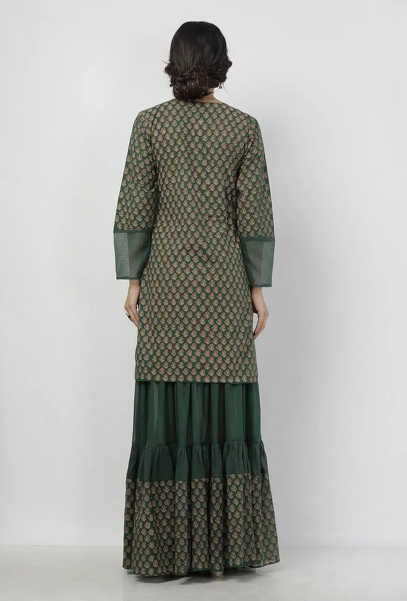 Set of 2: Irvin Bottle Green Floral Hand-Block Printed Cotton Short Kurta with Printed Sharara