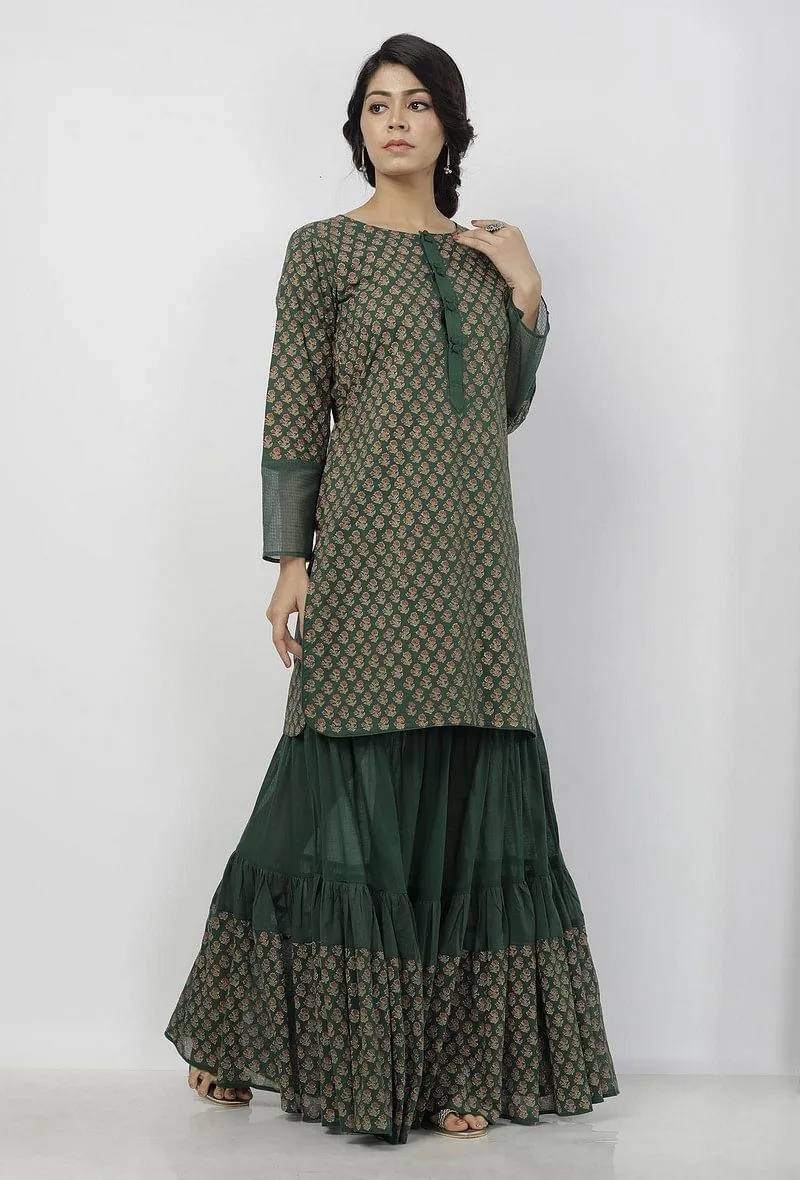 Set of 2: Irvin Bottle Green Floral Hand-Block Printed Cotton Short Kurta with Printed Sharara