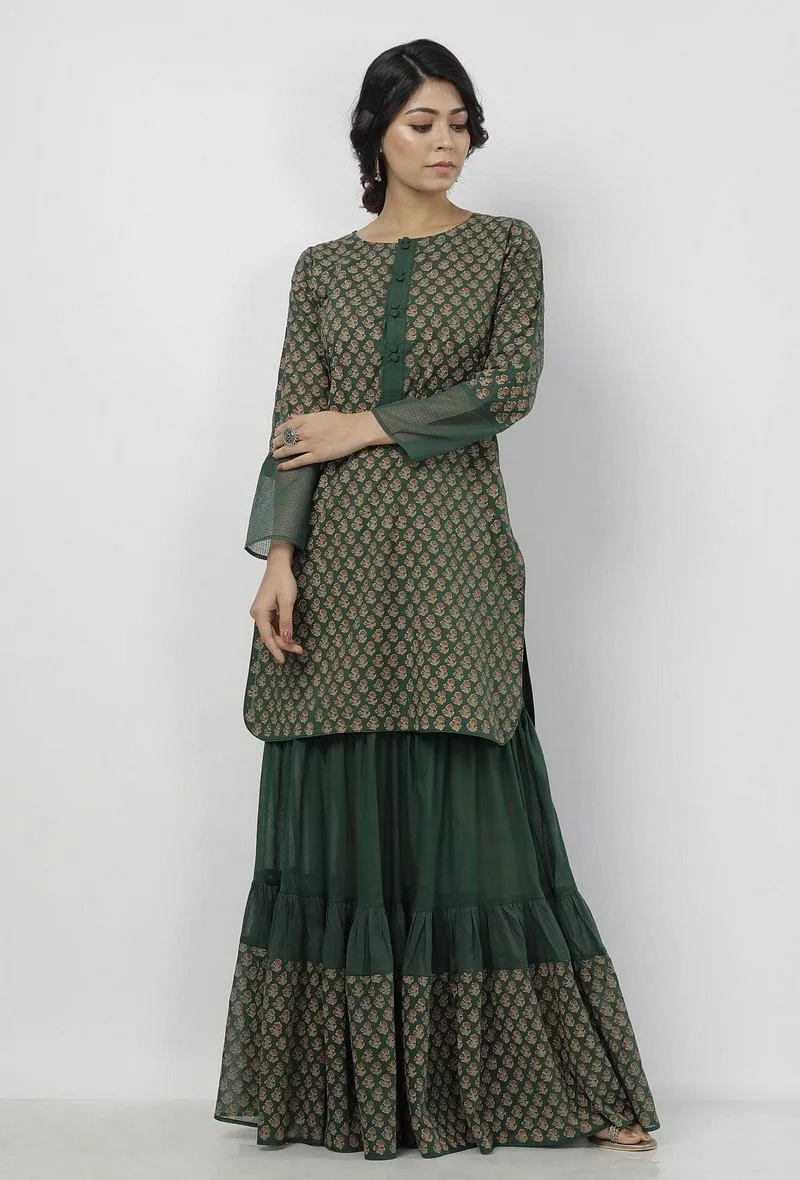 Set of 2: Irvin Bottle Green Floral Hand-Block Printed Cotton Short Kurta with Printed Sharara