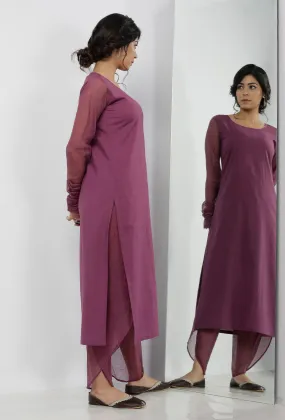 Set of 2: Iya Plain Purple Round Neck Straight Fit Cotton with Kota sleeves Kurta and Plain Purple Cotton Dhoti