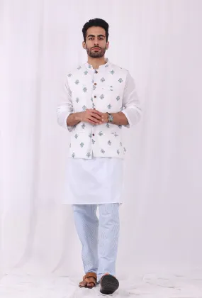 Set of 3: White Cotton kurta and Blue Striped Pajama  with Blue Hand Block Printed Floral Nehru Jacket