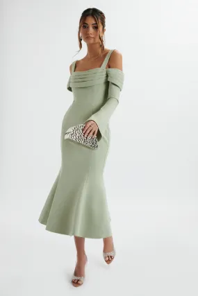 SIA Ponte Pleated Cowl Longline Midi Dress In Sage Green