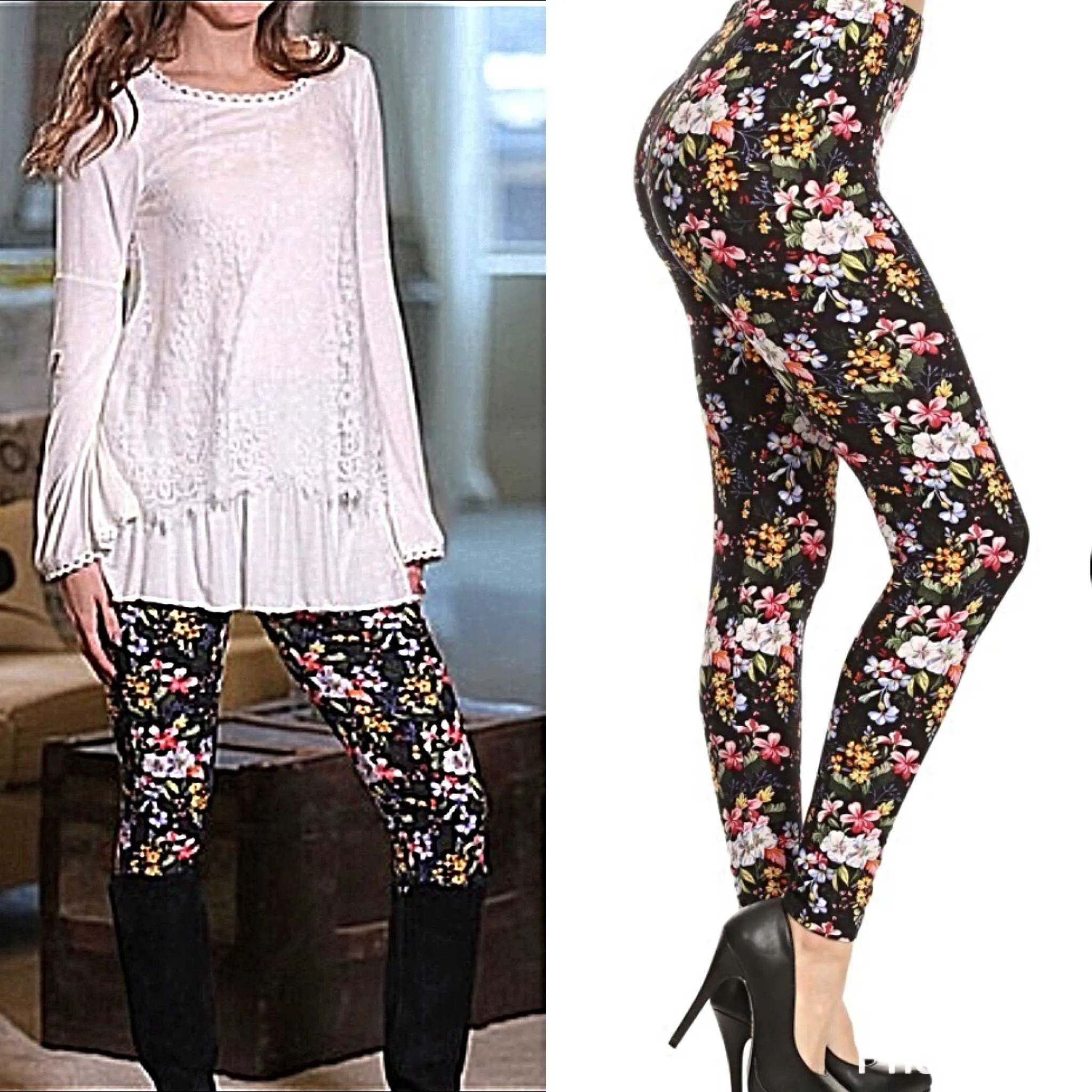 Spring Floral Print Brushed Leggings Regular