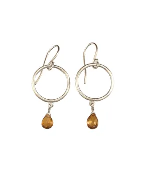 Sterling Circle and Citrine Drop Earrings