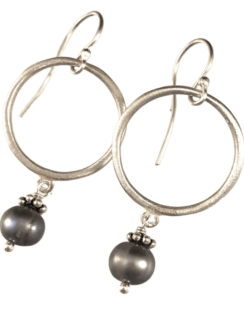 Sterling Circle and Gray Pearl Drop Earrings