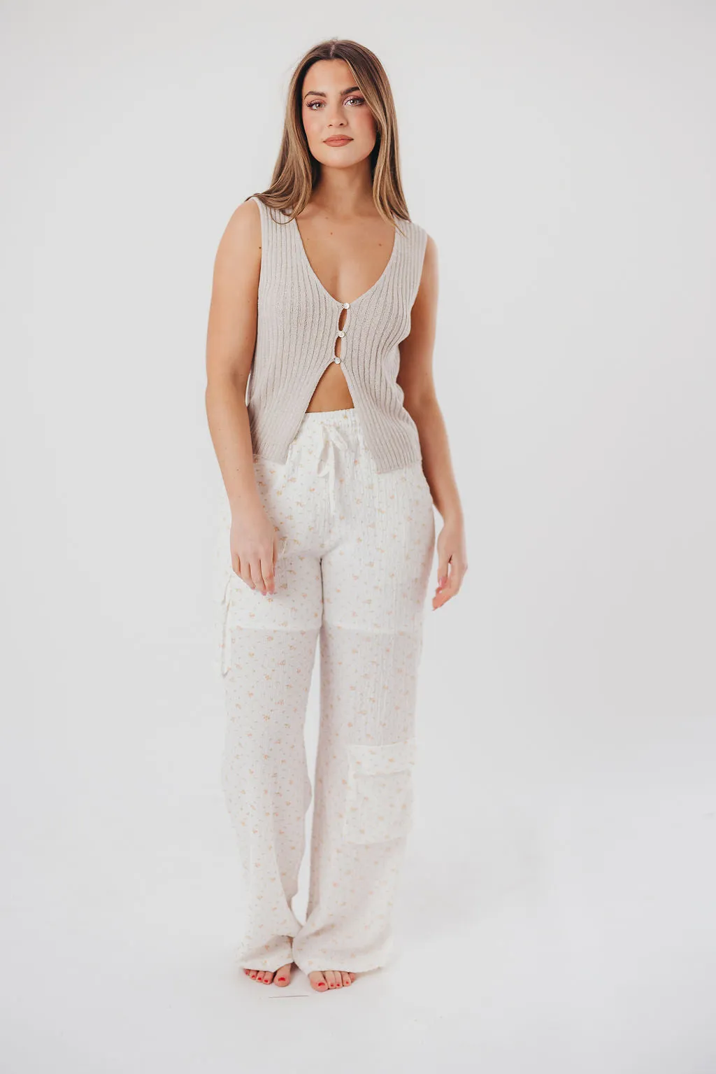 Teagan Crinkle Cargo Pants in Off-White Floral