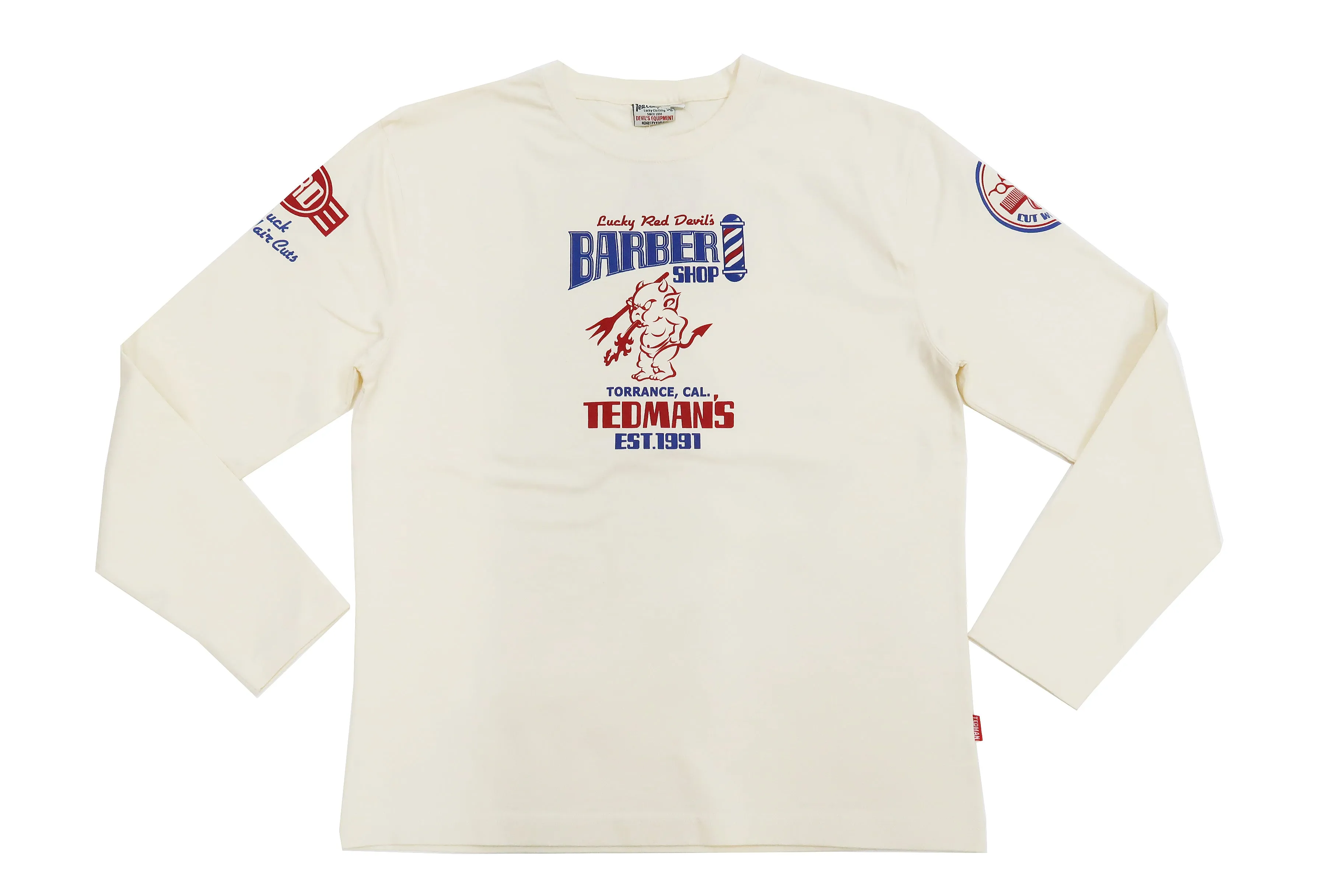 Tedman T-Shirt Men's Lucky Devil Barbershop Graphic Long Sleeve Tee Efu-Shokai TDLS-352 Off-White