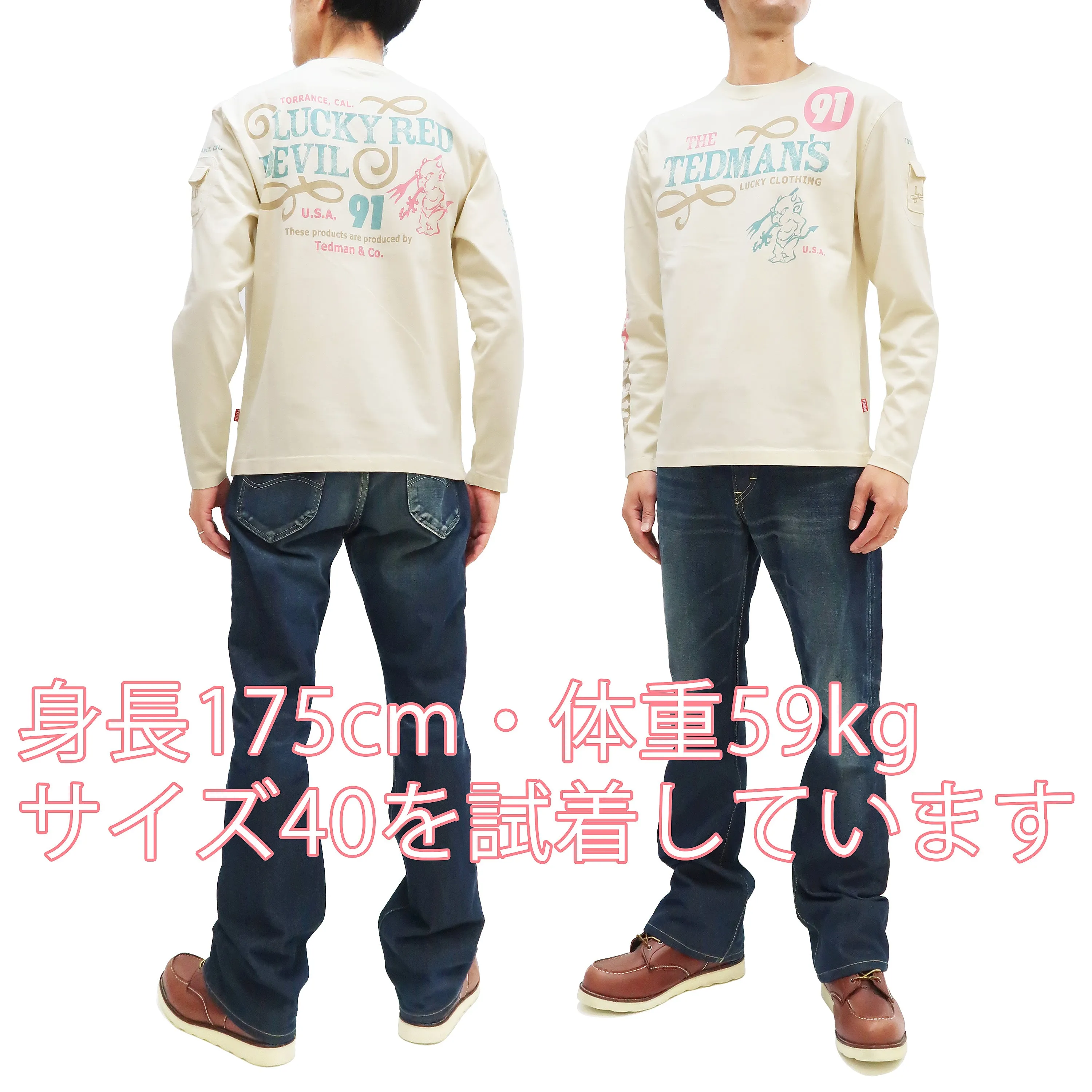 Tedman T-Shirt Men's Lucky Devil Graphic Long Sleeve Tee Efu-Shokai TDLS-350 Off-White