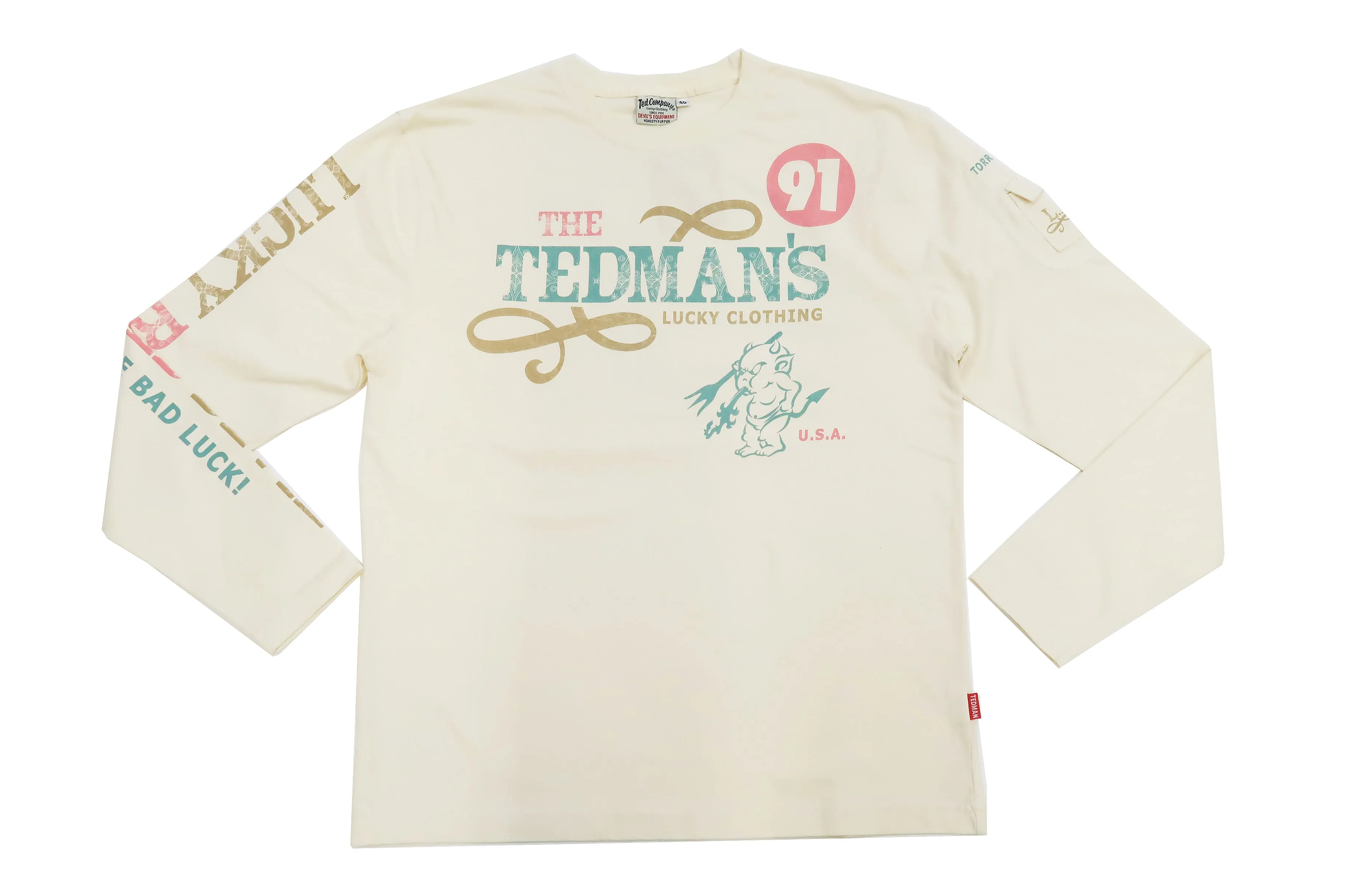 Tedman T-Shirt Men's Lucky Devil Graphic Long Sleeve Tee Efu-Shokai TDLS-350 Off-White