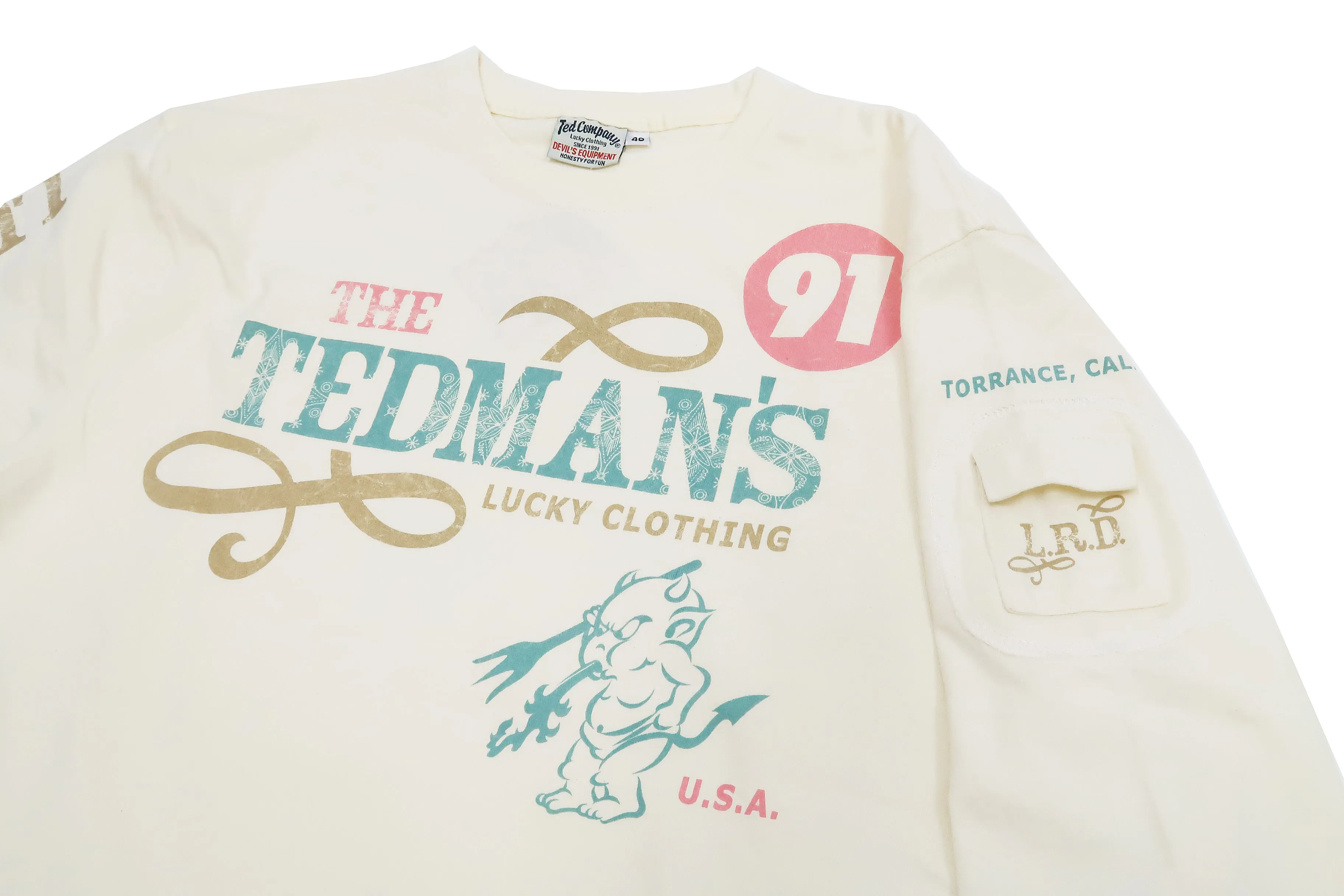 Tedman T-Shirt Men's Lucky Devil Graphic Long Sleeve Tee Efu-Shokai TDLS-350 Off-White