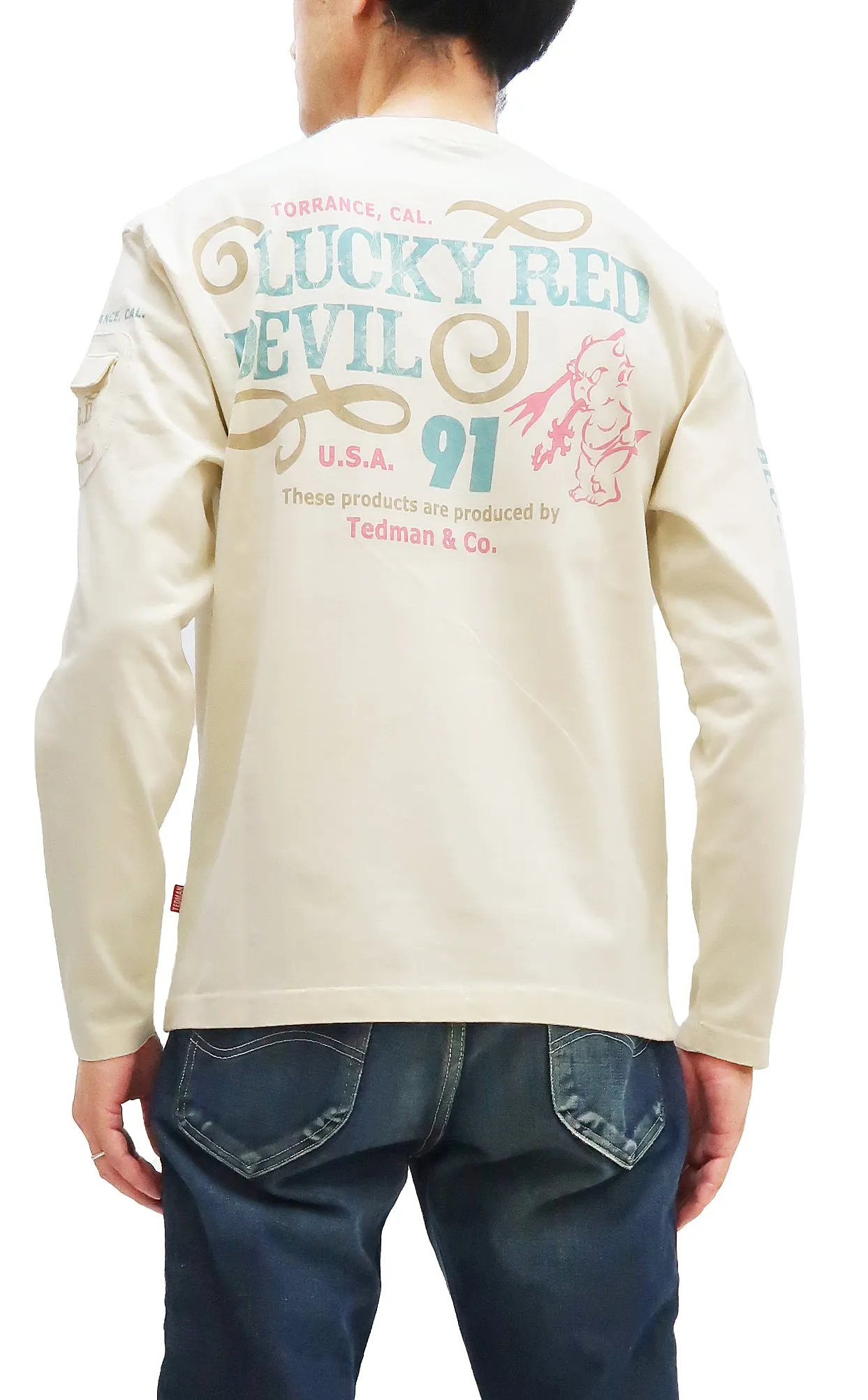 Tedman T-Shirt Men's Lucky Devil Graphic Long Sleeve Tee Efu-Shokai TDLS-350 Off-White