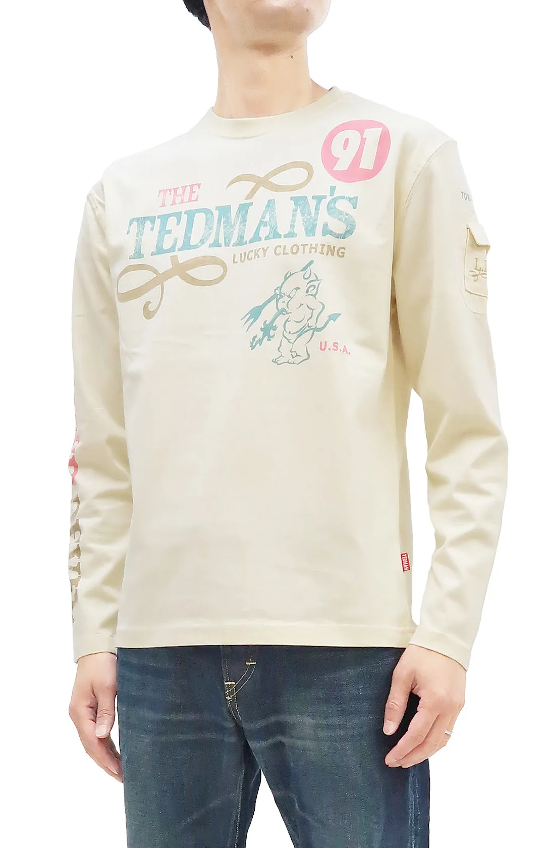 Tedman T-Shirt Men's Lucky Devil Graphic Long Sleeve Tee Efu-Shokai TDLS-350 Off-White