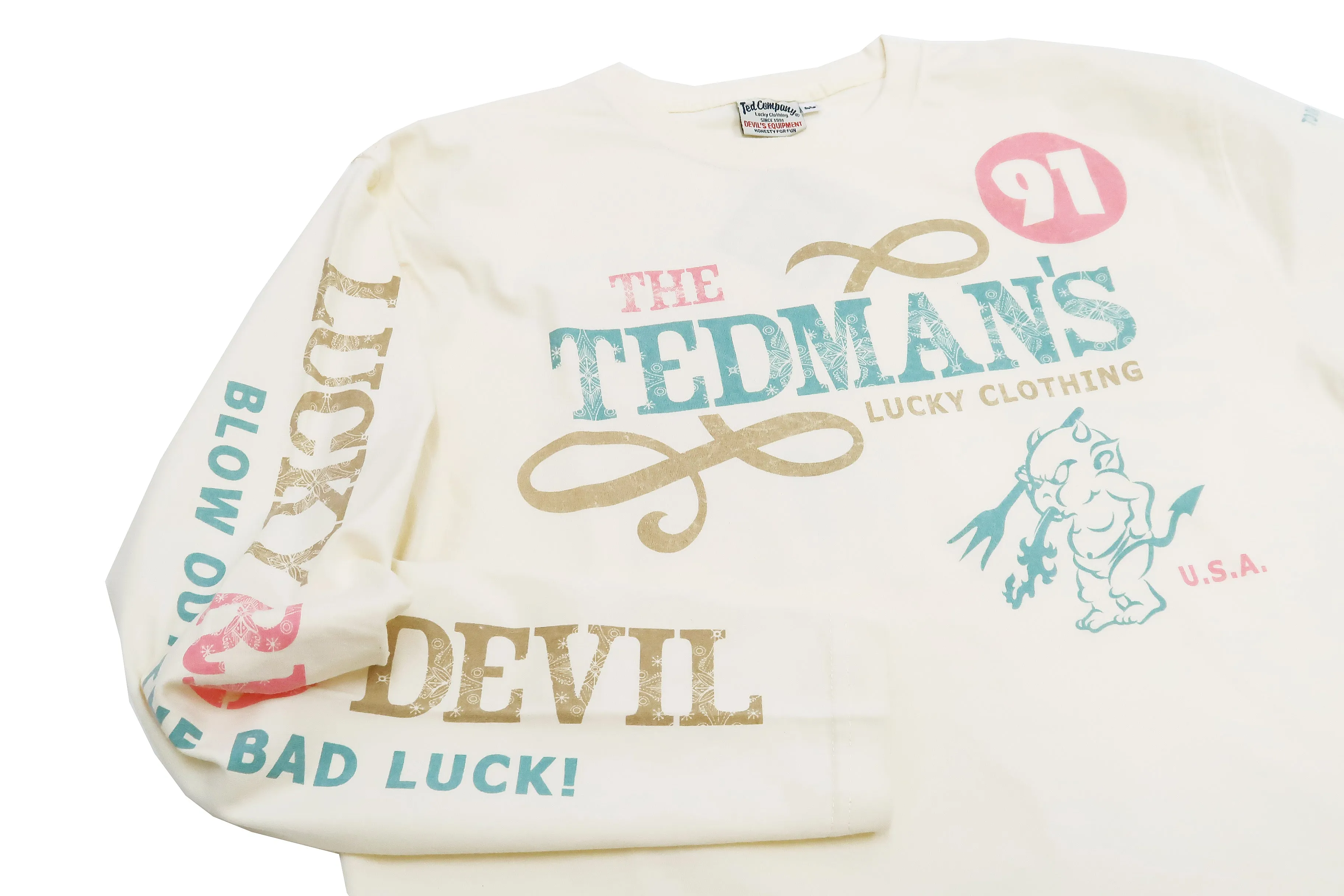 Tedman T-Shirt Men's Lucky Devil Graphic Long Sleeve Tee Efu-Shokai TDLS-350 Off-White