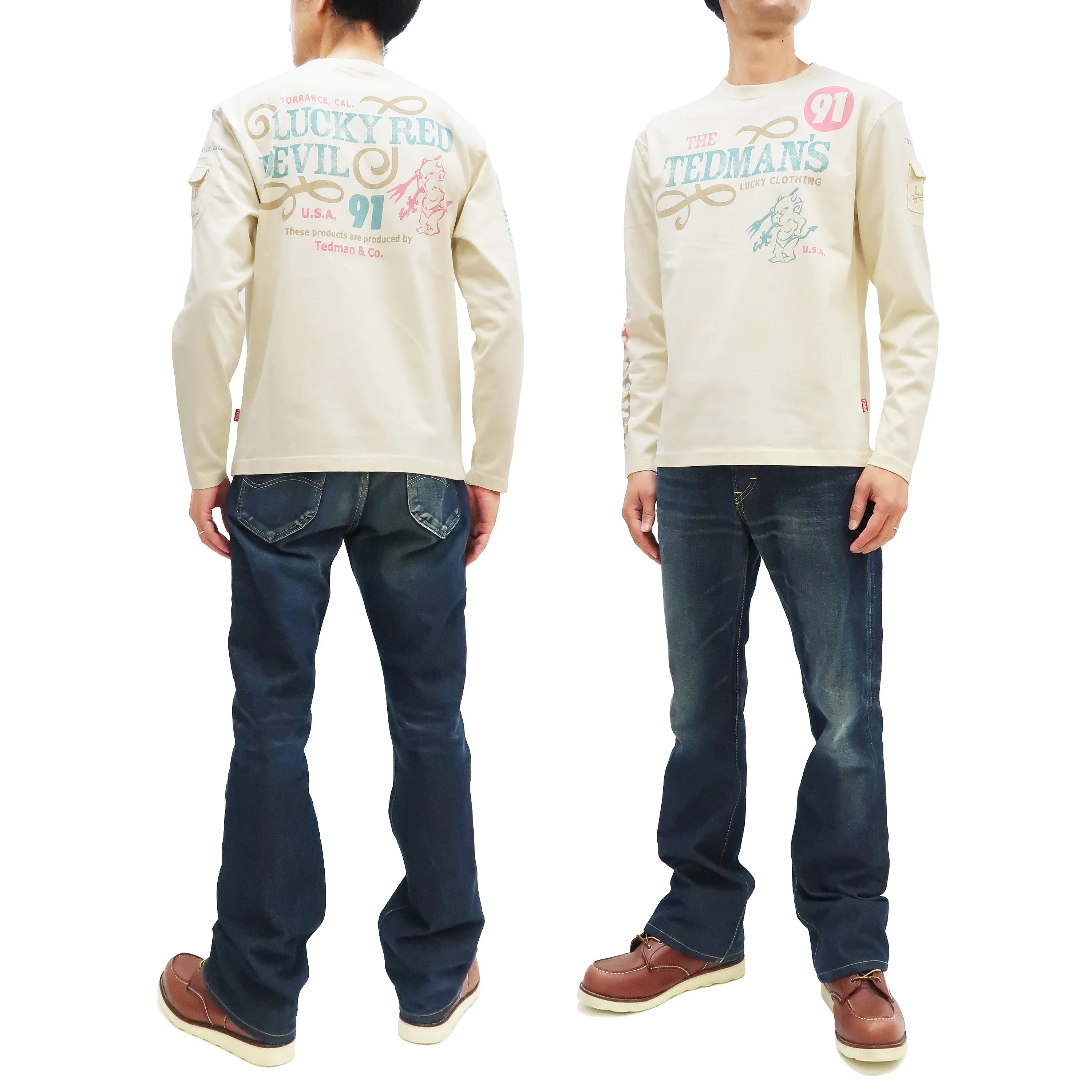 Tedman T-Shirt Men's Lucky Devil Graphic Long Sleeve Tee Efu-Shokai TDLS-350 Off-White