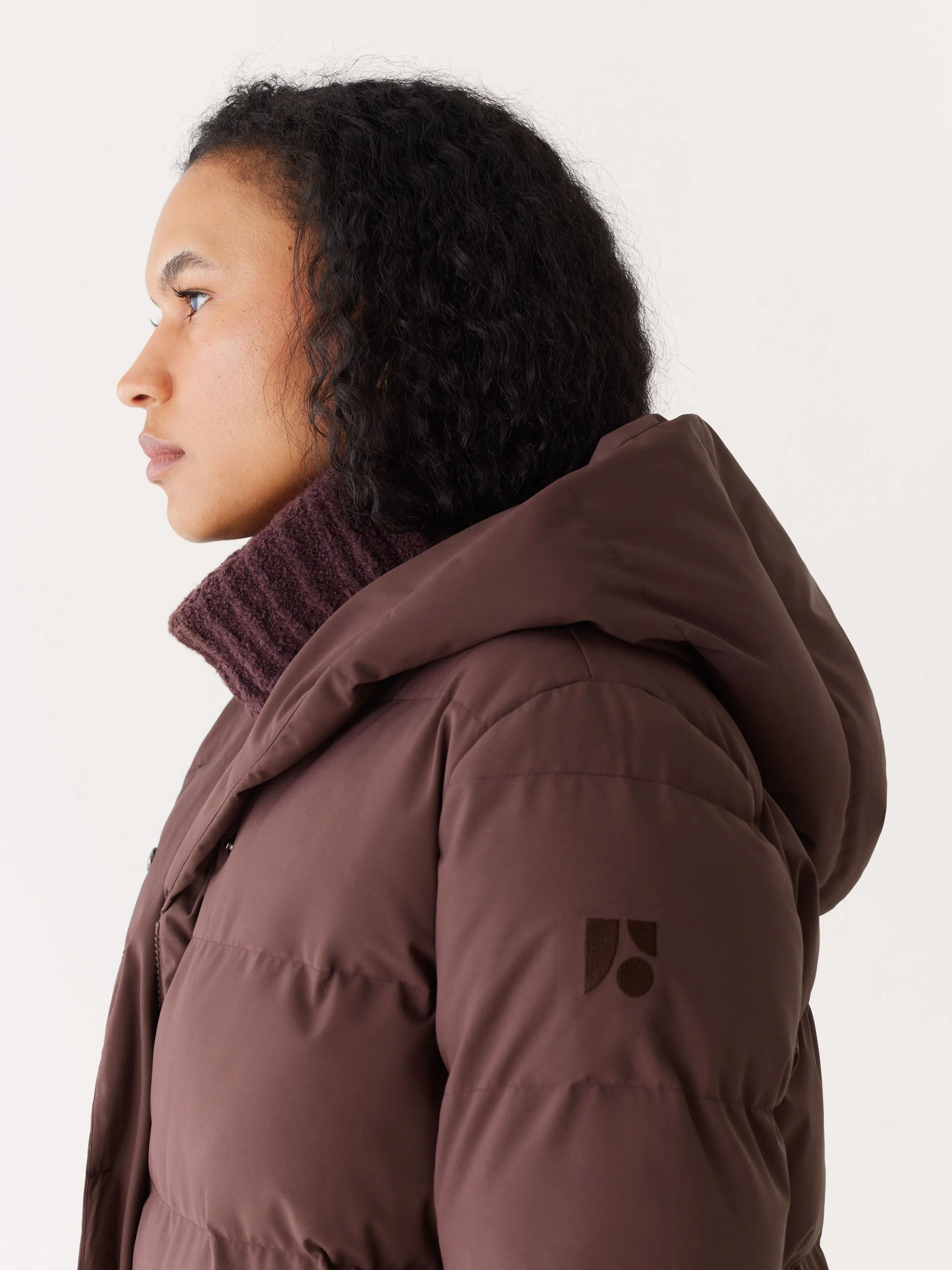 The Highland Long Puffer Coat in Burgundy