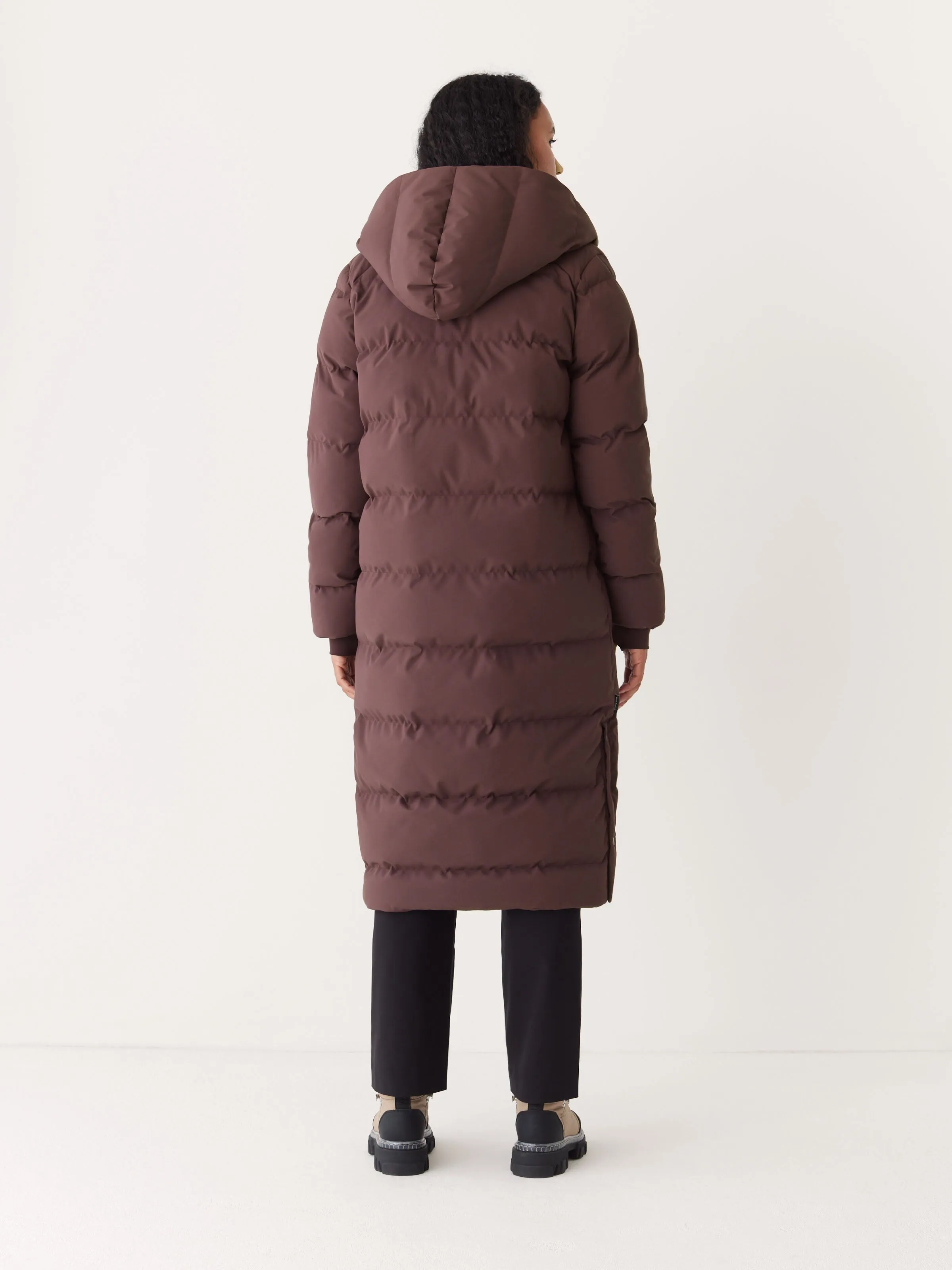 The Highland Long Puffer Coat in Burgundy