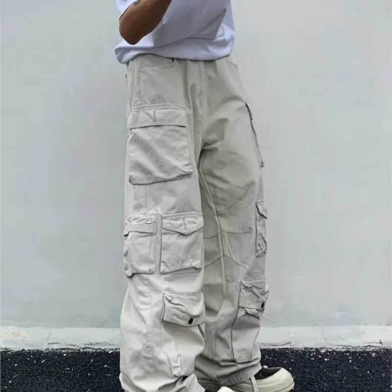 Wiaofellas  -  Spring Cargo pants New Popular Rice White Multi-pockets Overalls Harajuku stays Men Loose Casual Trousers Straight Mopping Pants