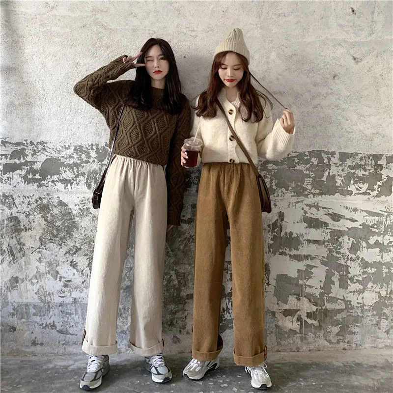 Wjczt Brown Corduroy Thick Wide Leg Pants Women Korean Fashion Beige Trousers Female Oversize High Waist Winter  Loose Pants