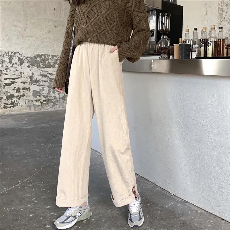 Wjczt Brown Corduroy Thick Wide Leg Pants Women Korean Fashion Beige Trousers Female Oversize High Waist Winter  Loose Pants