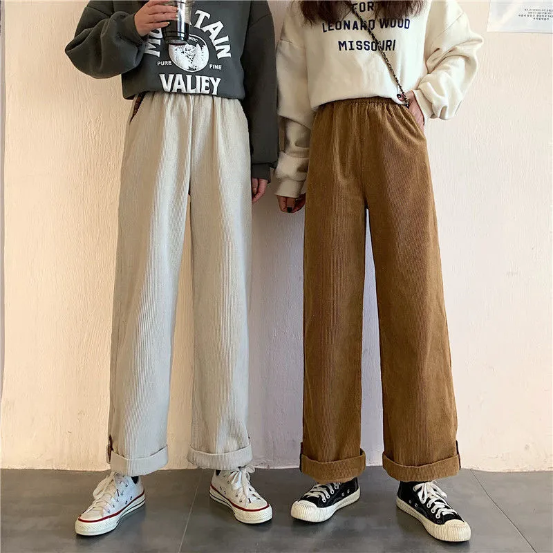 Wjczt Brown Corduroy Thick Wide Leg Pants Women Korean Fashion Beige Trousers Female Oversize High Waist Winter  Loose Pants