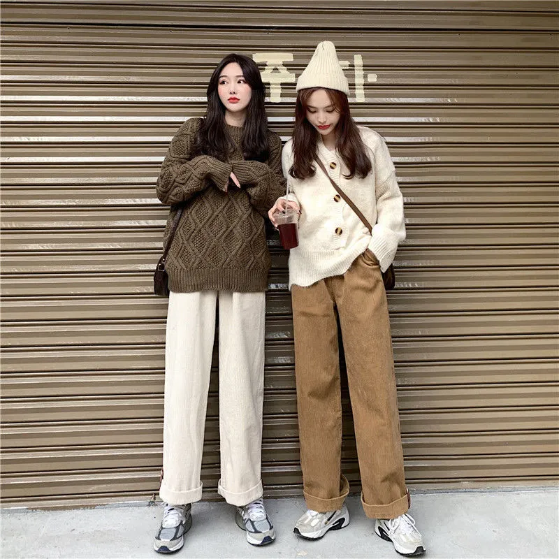 Wjczt Brown Corduroy Thick Wide Leg Pants Women Korean Fashion Beige Trousers Female Oversize High Waist Winter  Loose Pants