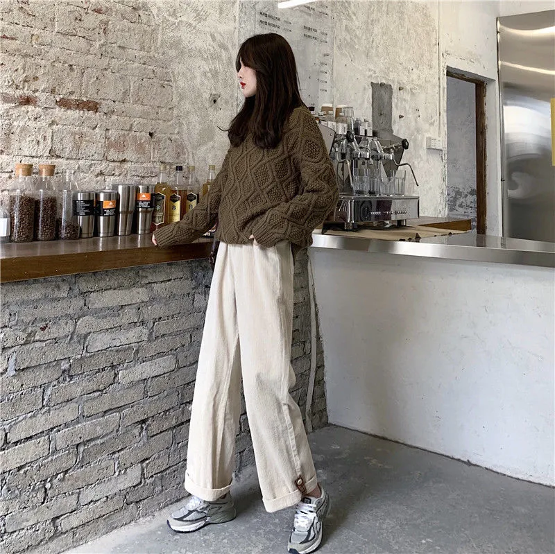 Wjczt Brown Corduroy Thick Wide Leg Pants Women Korean Fashion Beige Trousers Female Oversize High Waist Winter  Loose Pants