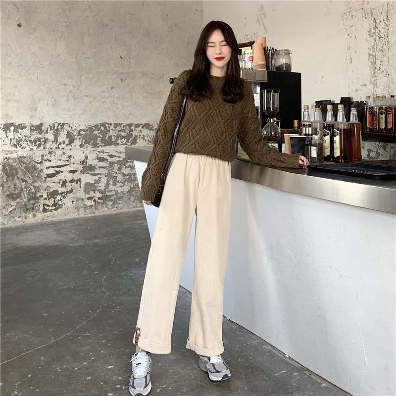 Wjczt Brown Corduroy Thick Wide Leg Pants Women Korean Fashion Beige Trousers Female Oversize High Waist Winter  Loose Pants