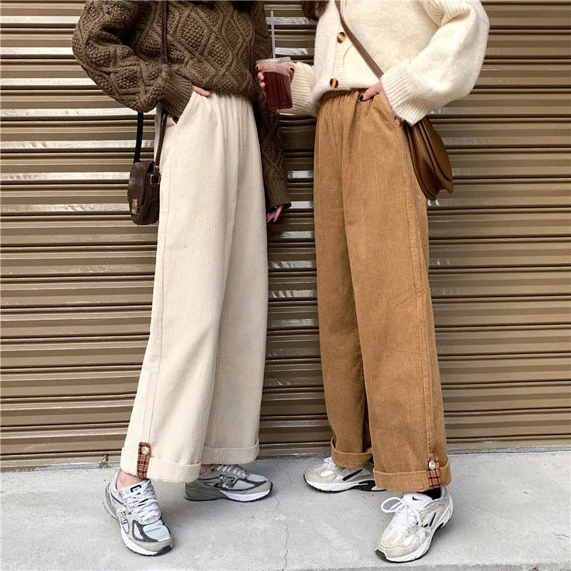 Wjczt Brown Corduroy Thick Wide Leg Pants Women Korean Fashion Beige Trousers Female Oversize High Waist Winter  Loose Pants