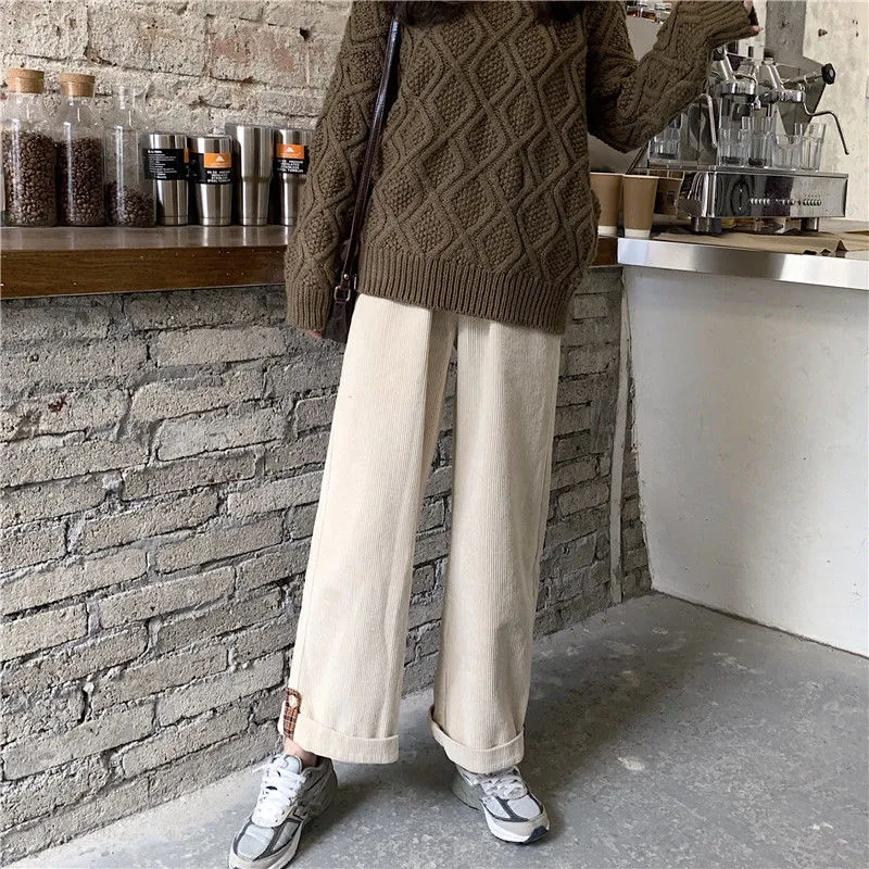 Wjczt Brown Corduroy Thick Wide Leg Pants Women Korean Fashion Beige Trousers Female Oversize High Waist Winter  Loose Pants