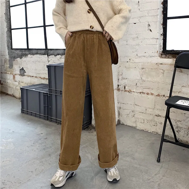 Wjczt Brown Corduroy Thick Wide Leg Pants Women Korean Fashion Beige Trousers Female Oversize High Waist Winter  Loose Pants