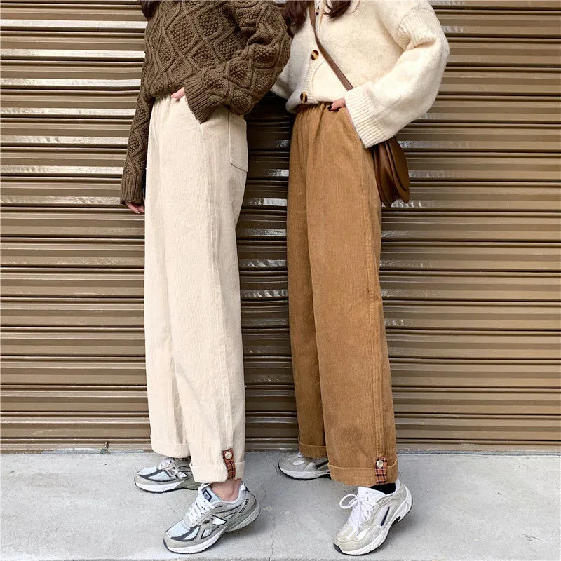 Wjczt Brown Corduroy Thick Wide Leg Pants Women Korean Fashion Beige Trousers Female Oversize High Waist Winter  Loose Pants