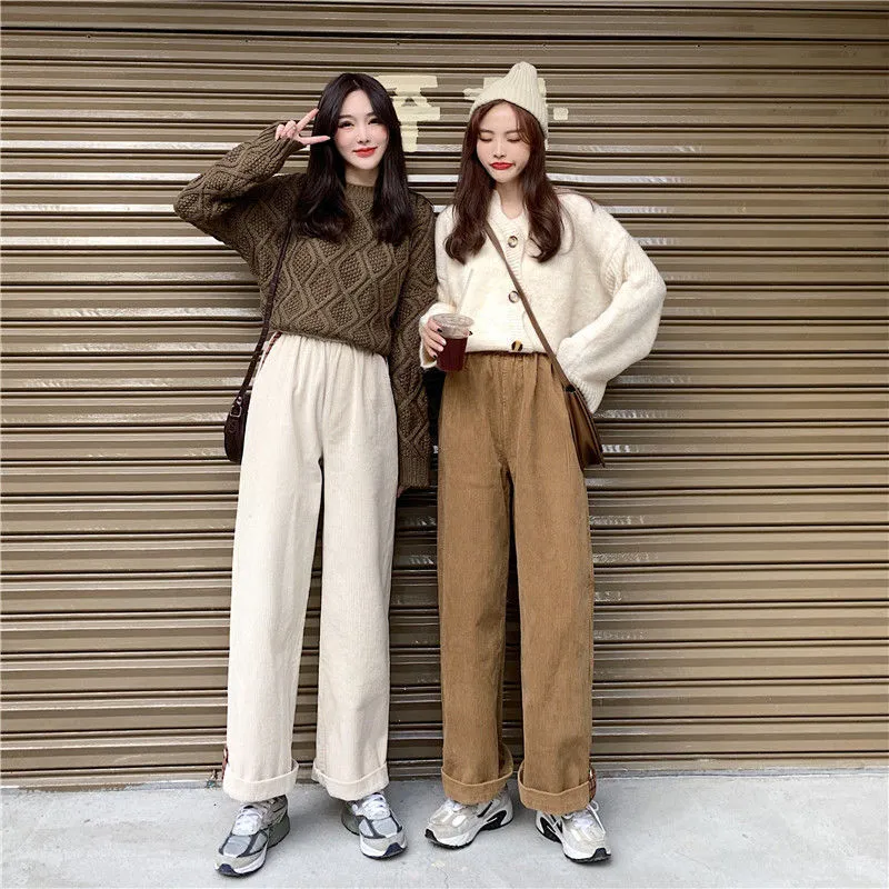 Wjczt Brown Corduroy Thick Wide Leg Pants Women Korean Fashion Beige Trousers Female Oversize High Waist Winter  Loose Pants