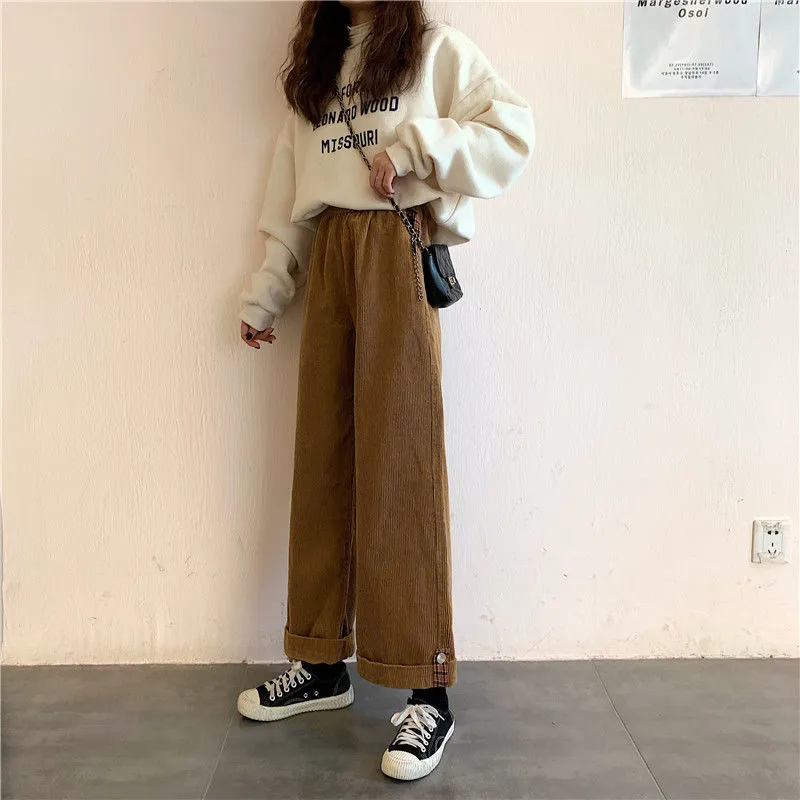 Wjczt Brown Corduroy Thick Wide Leg Pants Women Korean Fashion Beige Trousers Female Oversize High Waist Winter  Loose Pants