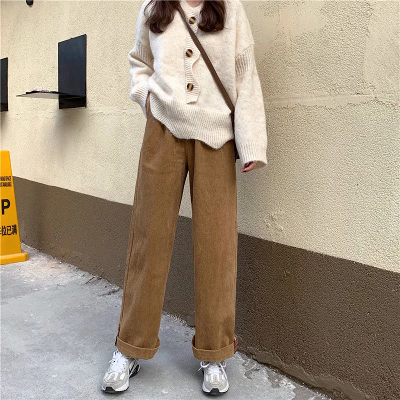 Wjczt Brown Corduroy Thick Wide Leg Pants Women Korean Fashion Beige Trousers Female Oversize High Waist Winter  Loose Pants