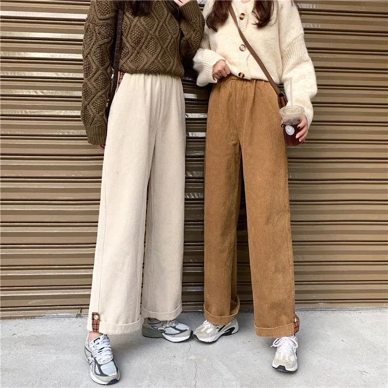 Wjczt Brown Corduroy Thick Wide Leg Pants Women Korean Fashion Beige Trousers Female Oversize High Waist Winter  Loose Pants