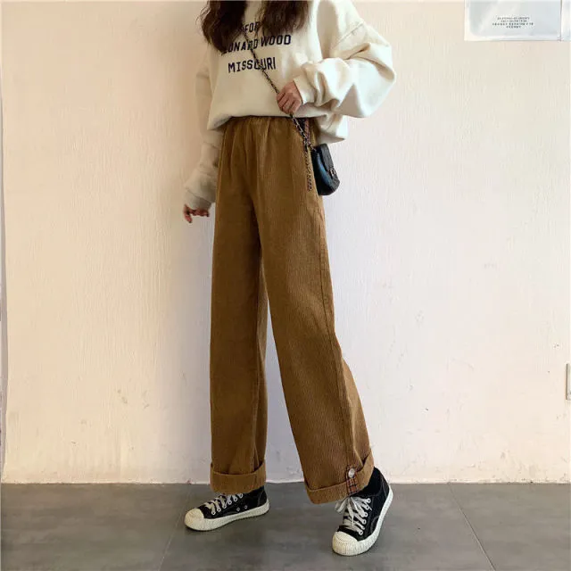 Wjczt Brown Corduroy Thick Wide Leg Pants Women Korean Fashion Beige Trousers Female Oversize High Waist Winter  Loose Pants