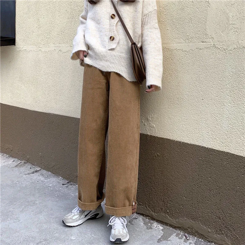 Wjczt Brown Corduroy Thick Wide Leg Pants Women Korean Fashion Beige Trousers Female Oversize High Waist Winter  Loose Pants