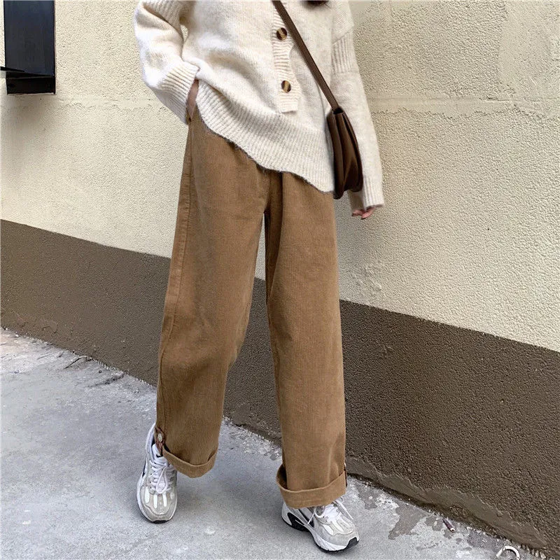 Wjczt Brown Corduroy Thick Wide Leg Pants Women Korean Fashion Beige Trousers Female Oversize High Waist Winter  Loose Pants