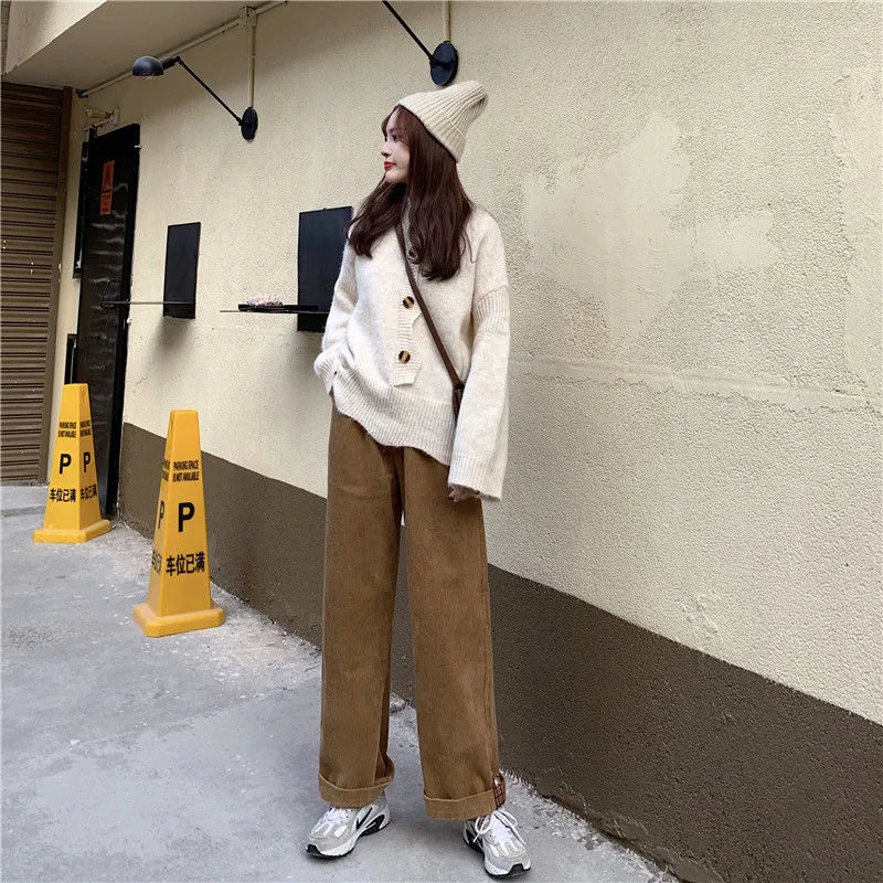 Wjczt Brown Corduroy Thick Wide Leg Pants Women Korean Fashion Beige Trousers Female Oversize High Waist Winter  Loose Pants